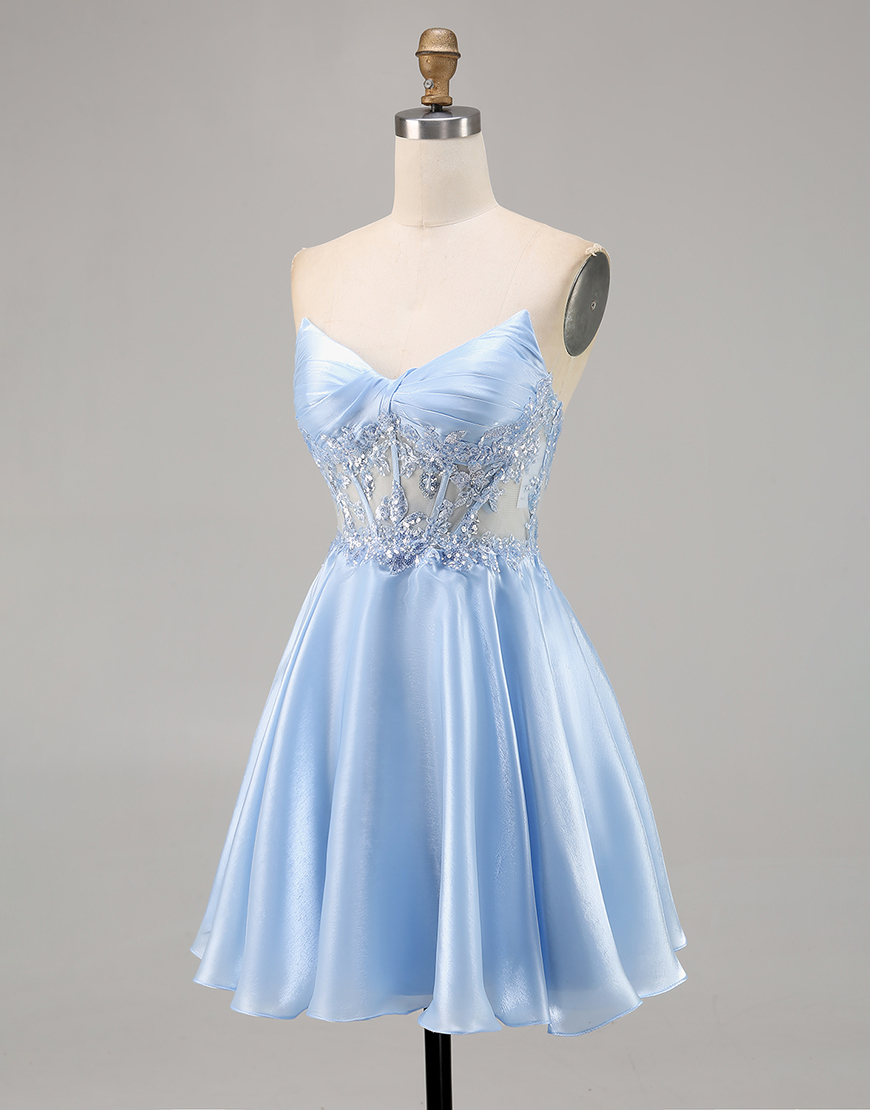 Sparkly Light Blue Strapless Corset Satin Short Homecoming Dress with Lace