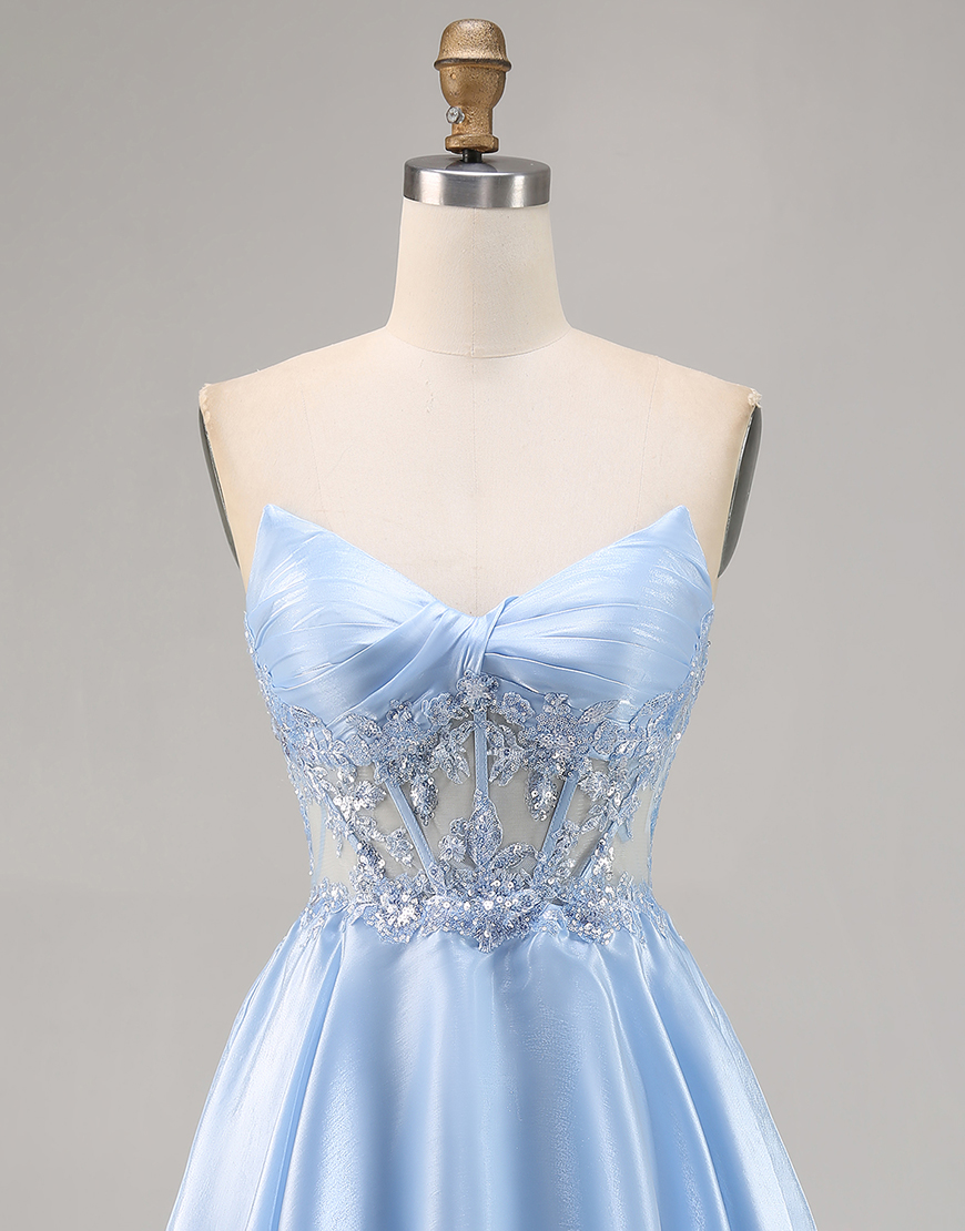 Sparkly Light Blue Strapless Corset Satin Short Homecoming Dress with Lace