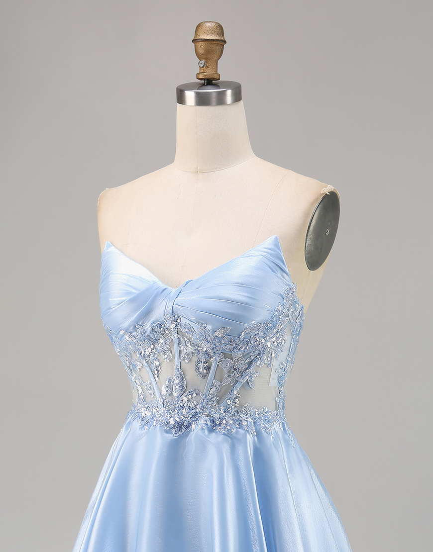 Sparkly Light Blue Strapless Corset Satin Short Homecoming Dress with Lace