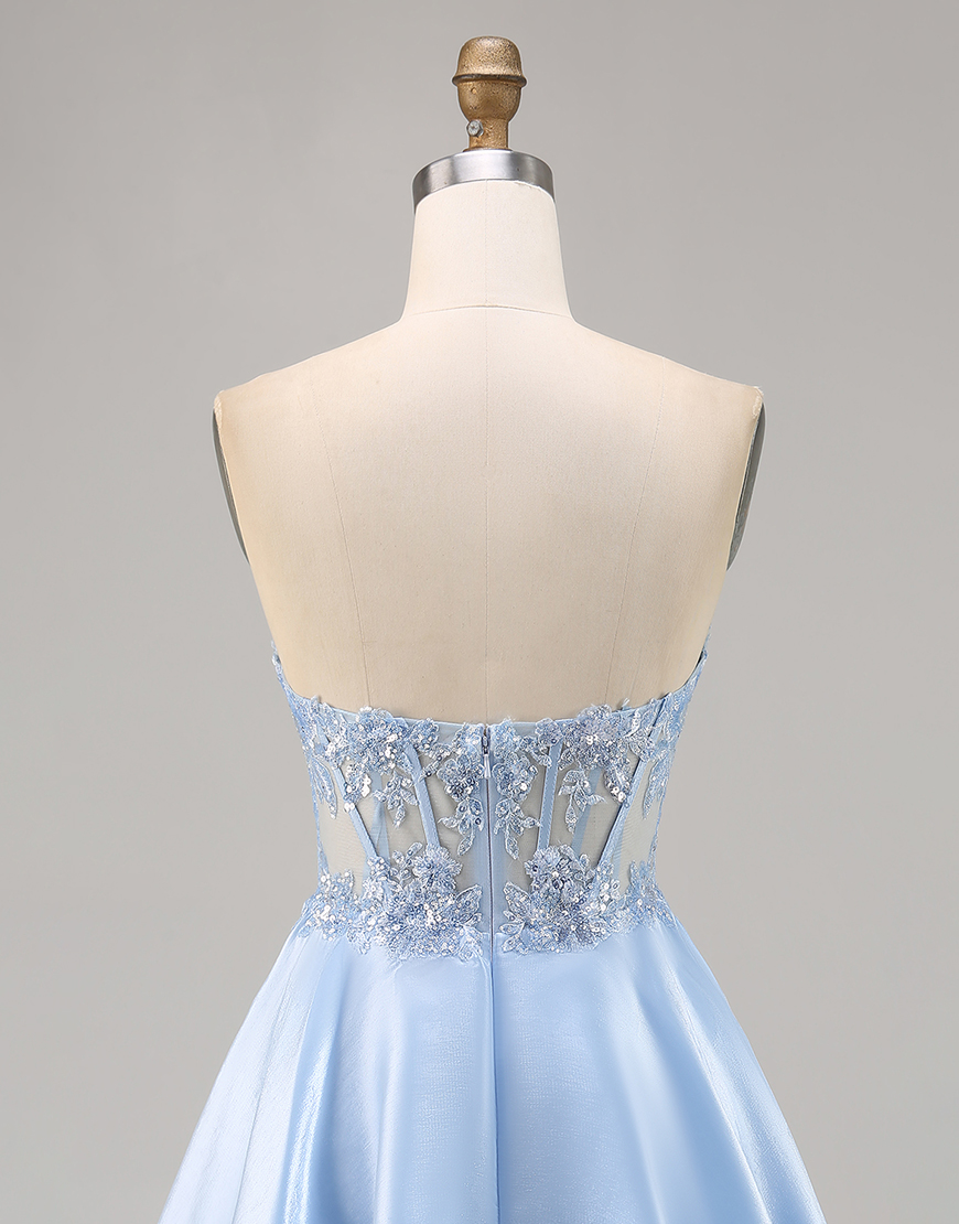 Sparkly Light Blue Strapless Corset Satin Short Homecoming Dress with Lace