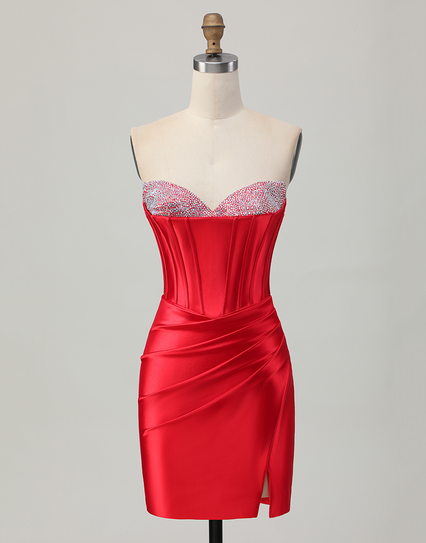 Red Satin Beaded Sweetheart Short Corset Homecoming Dress with Slit