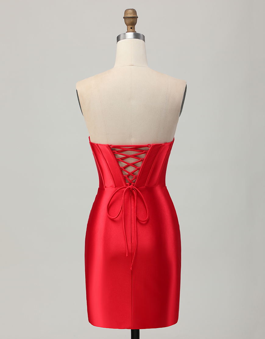 Red Satin Beaded Sweetheart Short Corset Homecoming Dress with Slit