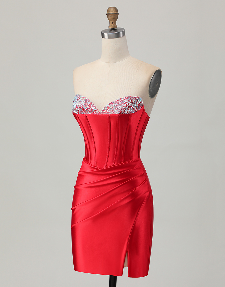 Red Satin Beaded Sweetheart Short Corset Homecoming Dress with Slit