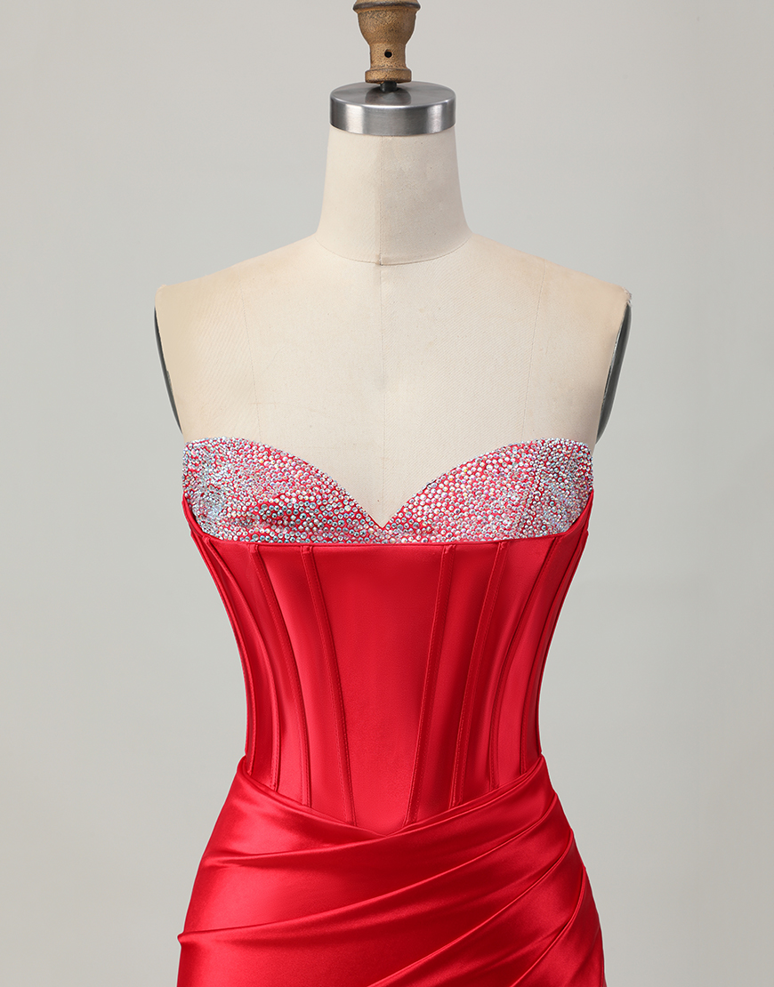 Red Satin Beaded Sweetheart Short Corset Homecoming Dress with Slit