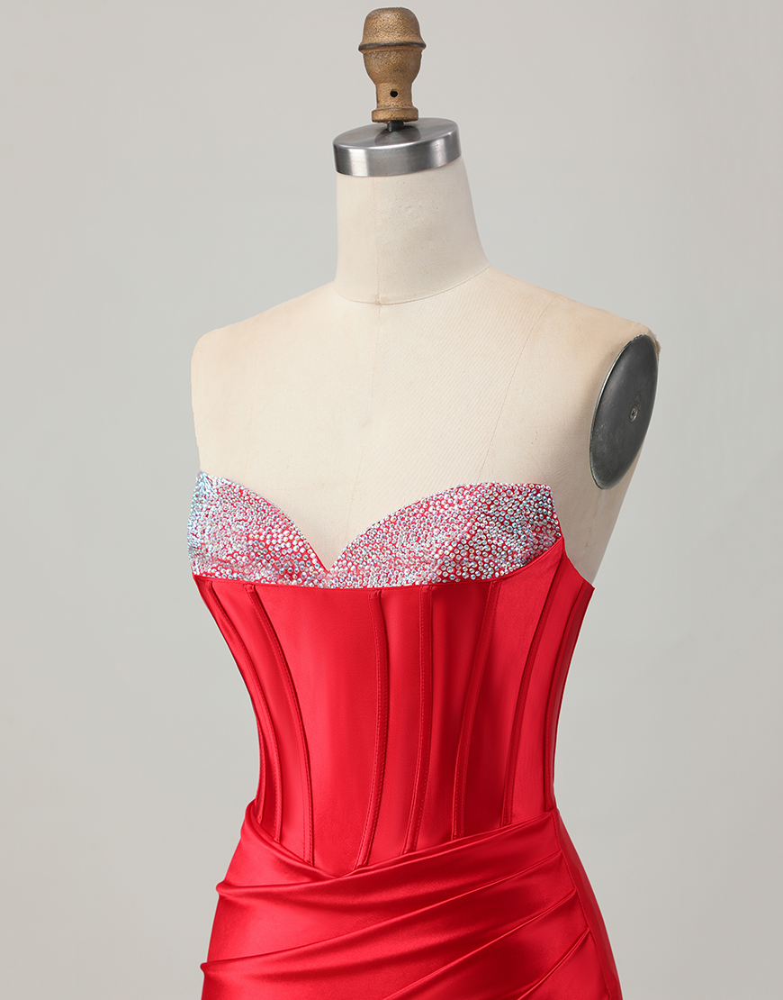 Red Satin Beaded Sweetheart Short Corset Homecoming Dress with Slit