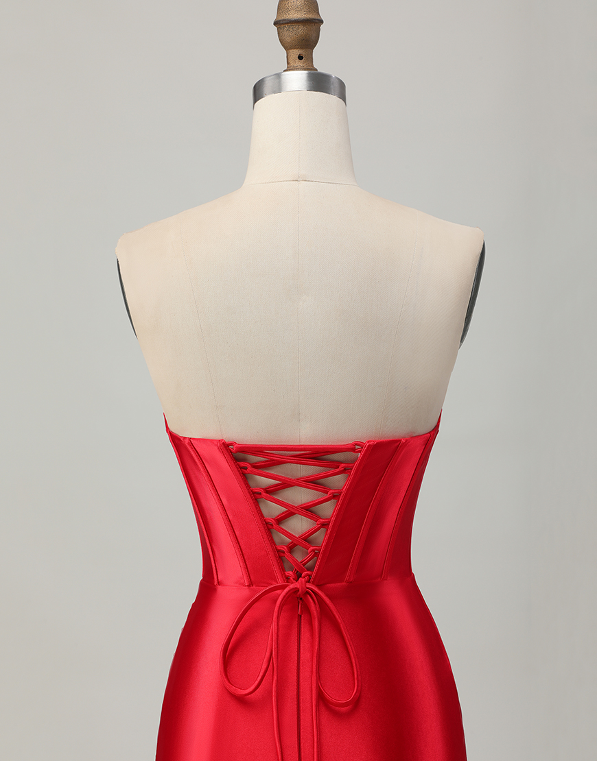 Red Satin Beaded Sweetheart Short Corset Homecoming Dress with Slit