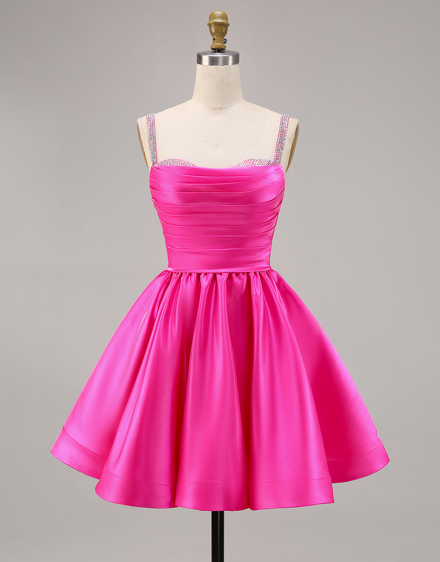 Sparkly Fuchsia A Line Ruched Short Homecoming Dress with Beading