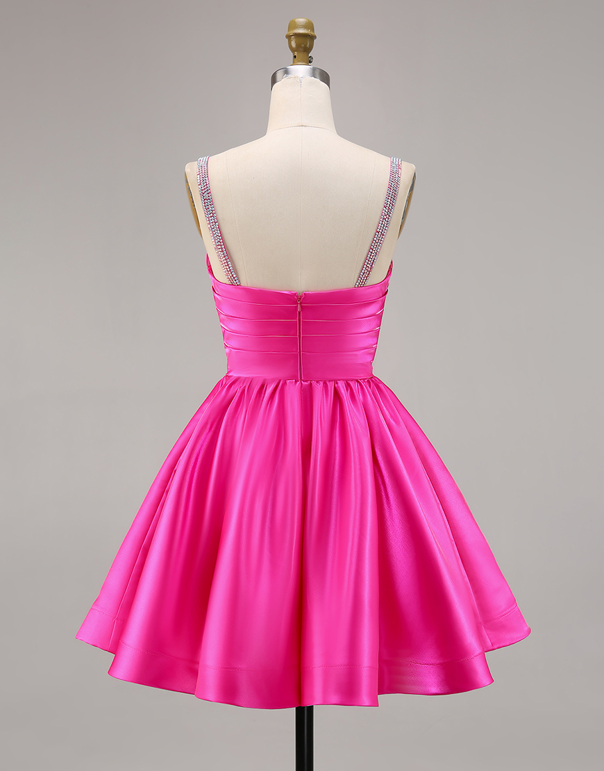 Sparkly Fuchsia A Line Ruched Short Homecoming Dress with Beading