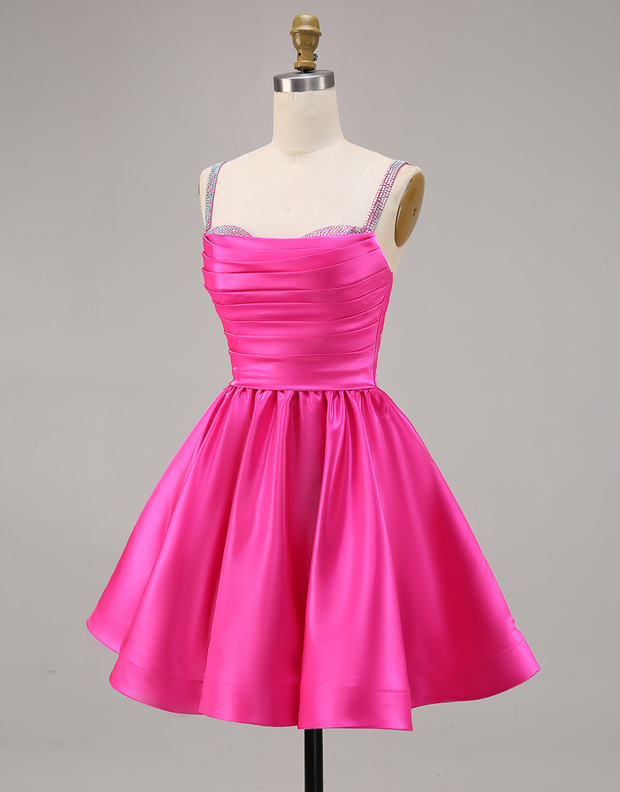 Sparkly Fuchsia A Line Ruched Short Homecoming Dress with Beading
