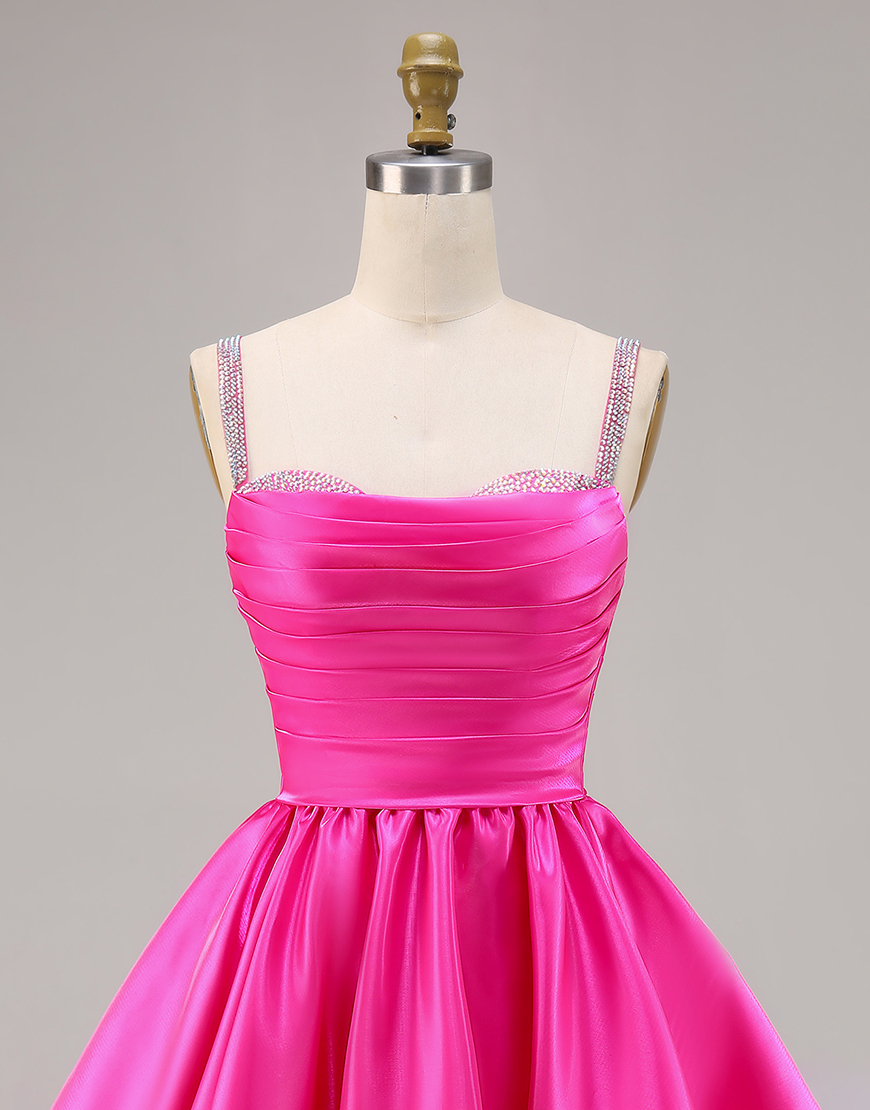 Sparkly Fuchsia A Line Ruched Short Homecoming Dress with Beading