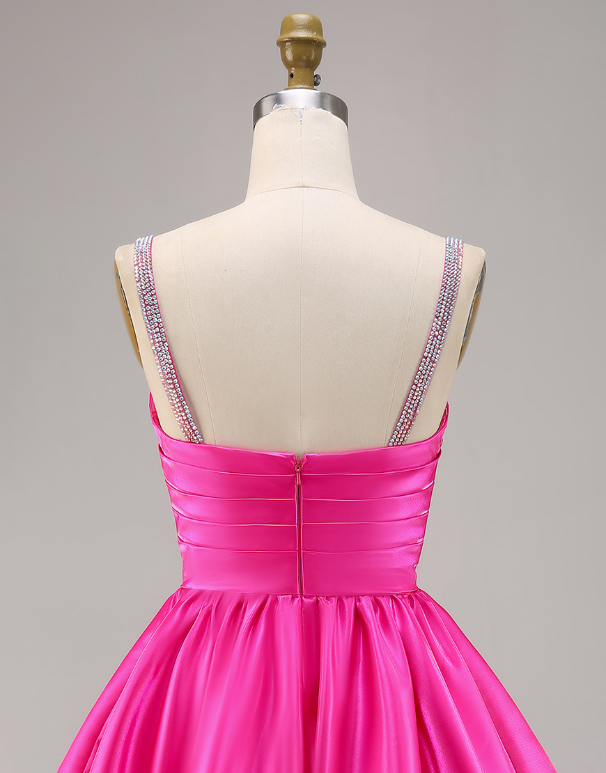 Sparkly Fuchsia A Line Ruched Short Homecoming Dress with Beading