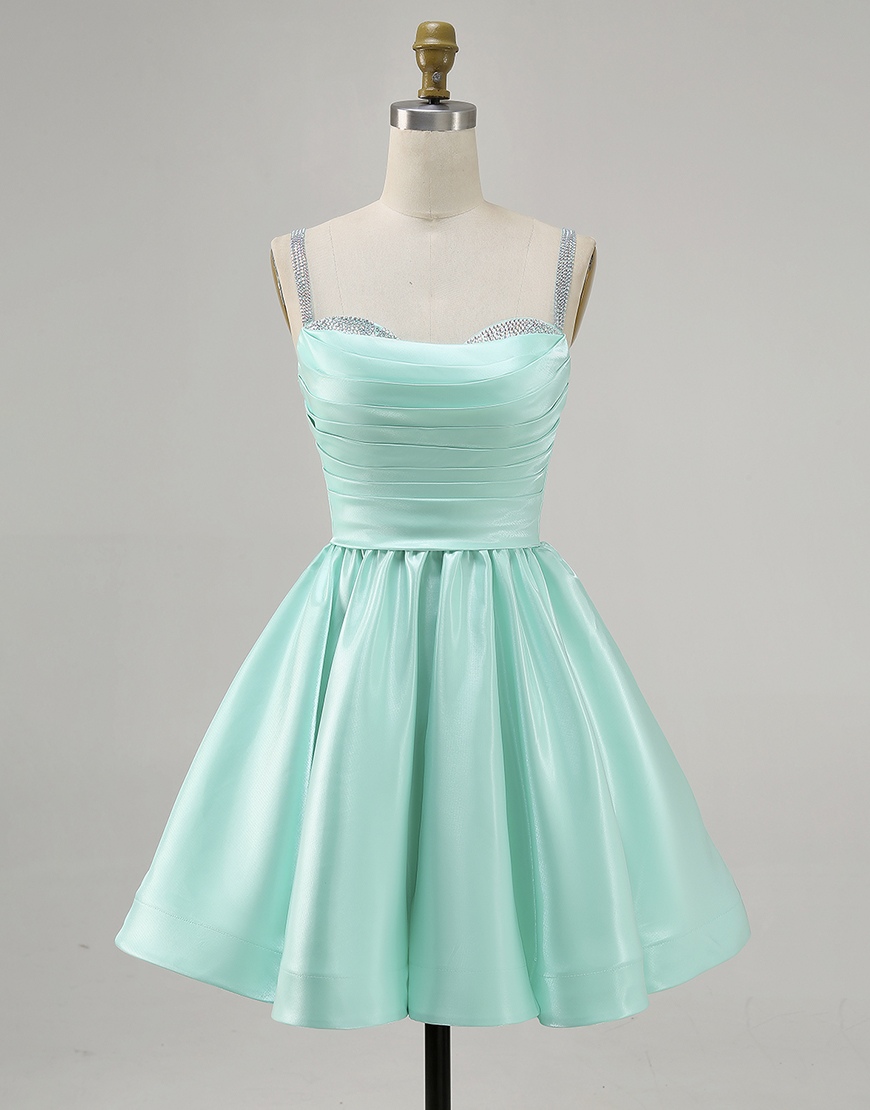 Sparkly Mint Green Satin Short Ruched Homecoming Dress with Beading
