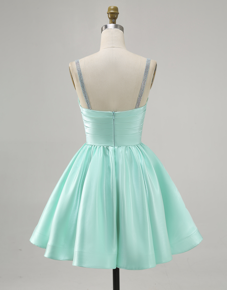 Sparkly Mint Green Satin Short Ruched Homecoming Dress with Beading