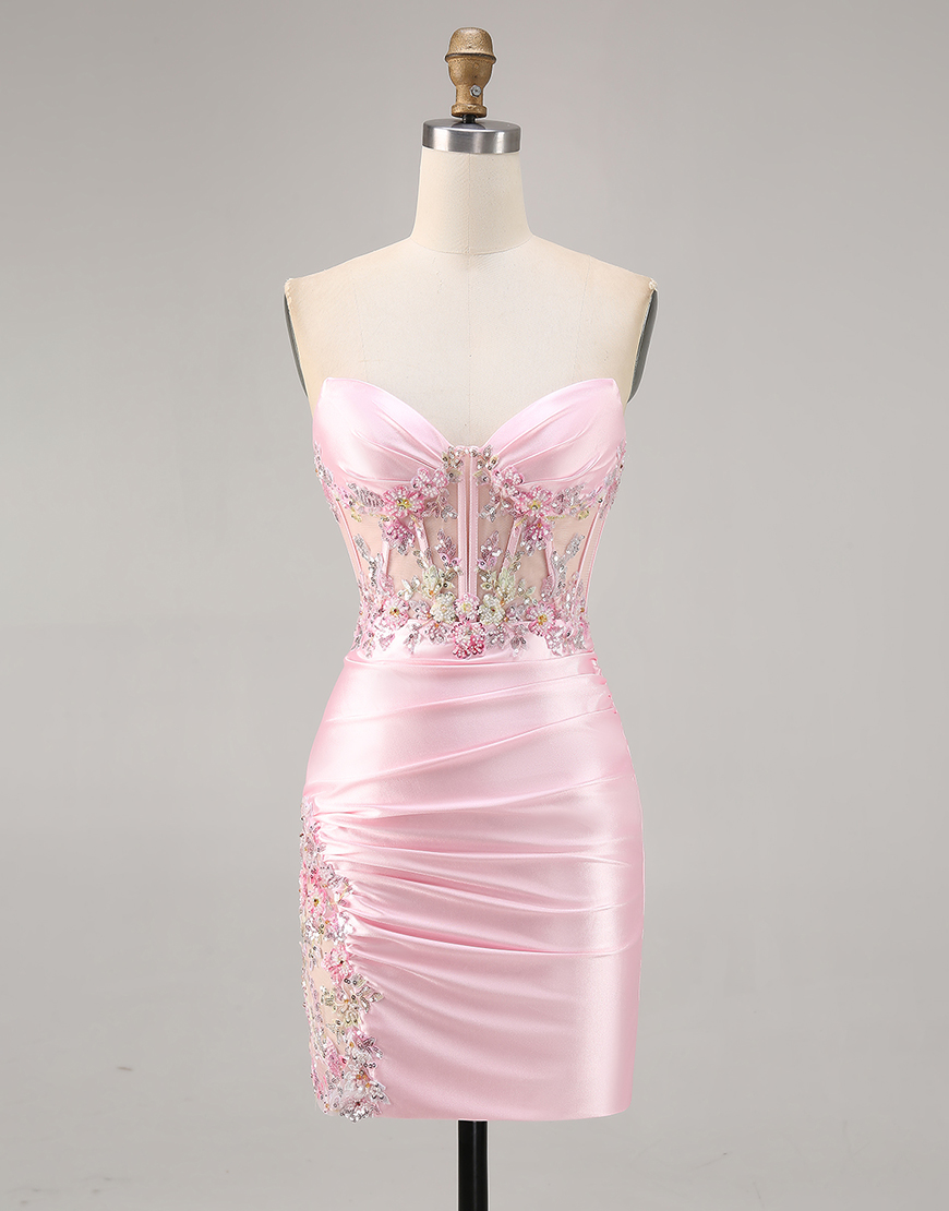Sparkly Candy Pink Floral Strapless Corset Satin Short Homecoming Dress