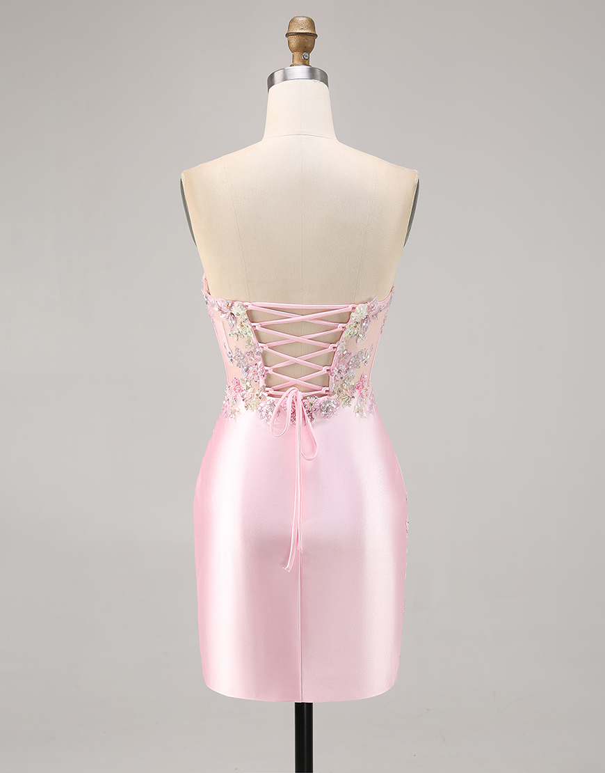 Sparkly Candy Pink Floral Strapless Corset Satin Short Homecoming Dress