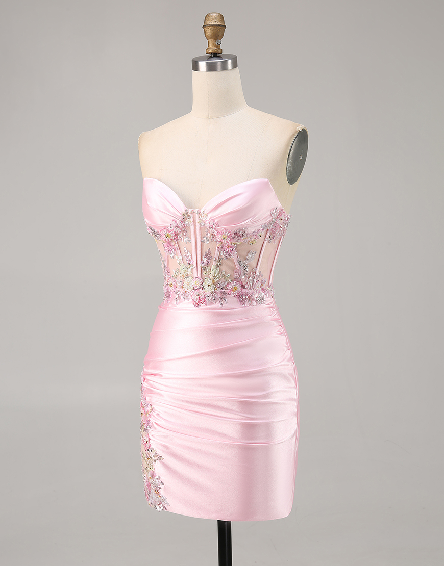 Sparkly Candy Pink Floral Strapless Corset Satin Short Homecoming Dress