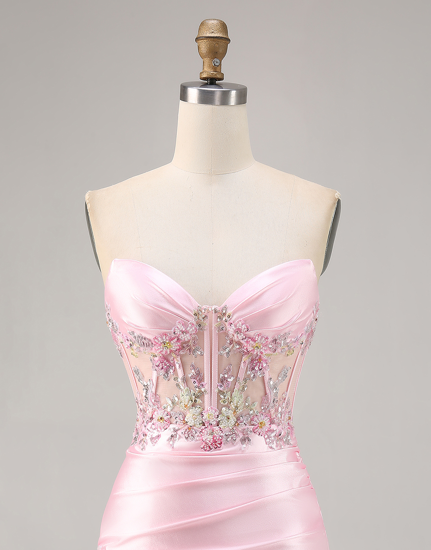 Sparkly Candy Pink Floral Strapless Corset Satin Short Homecoming Dress