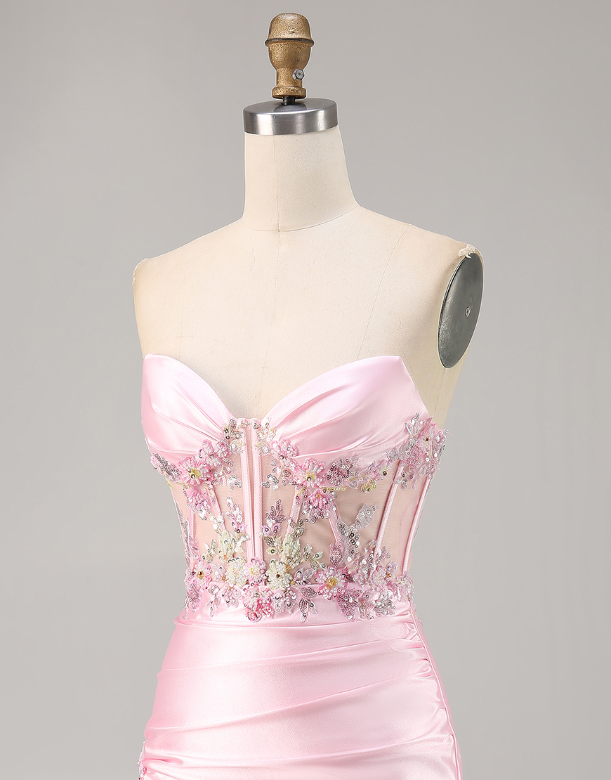 Sparkly Candy Pink Floral Strapless Corset Satin Short Homecoming Dress