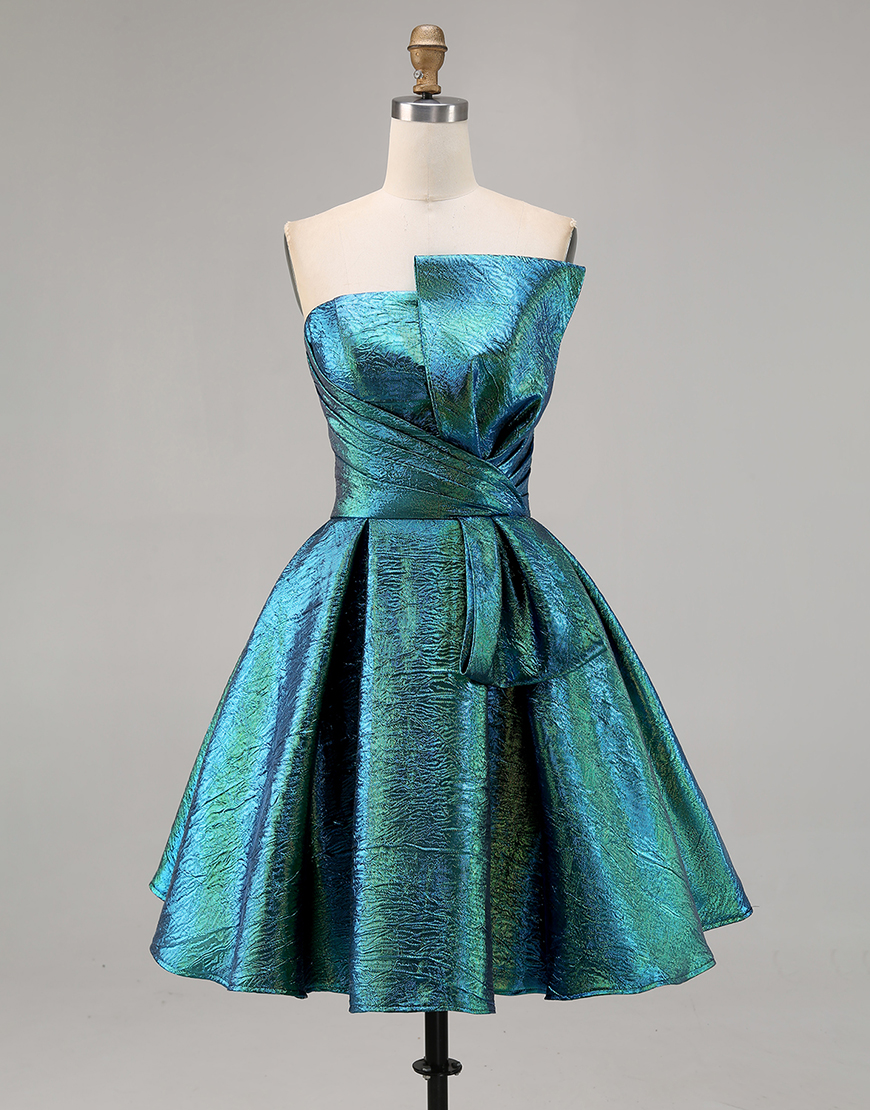 Sparkly Metallic Peacock Green A Line Strapless Short Homecoming Dress