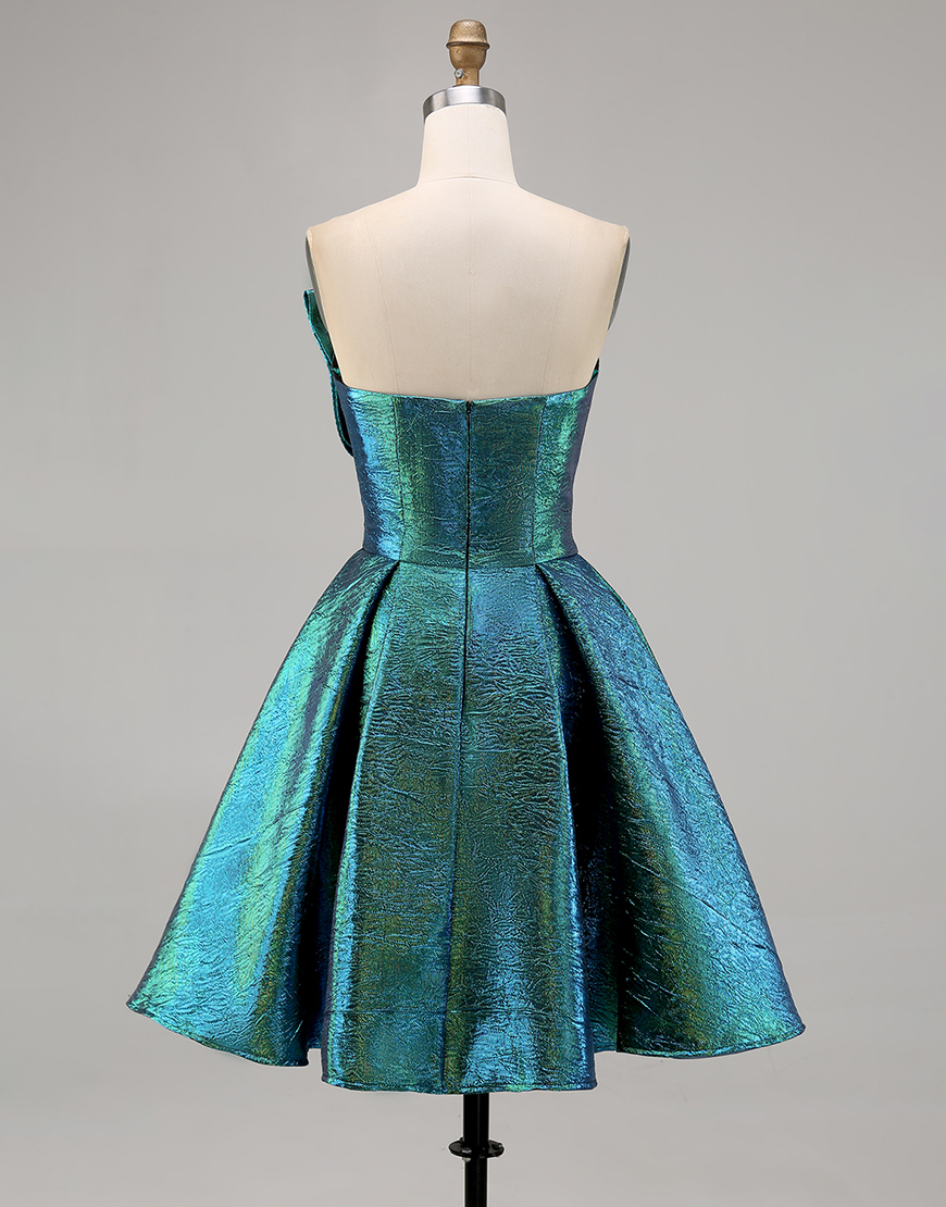 Sparkly Metallic Peacock Green A Line Strapless Short Homecoming Dress