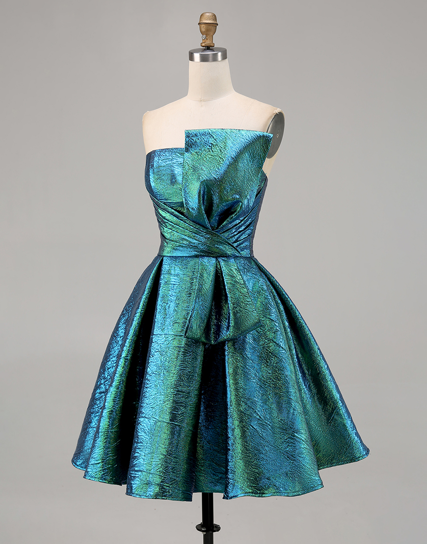 Sparkly Metallic Peacock Green A Line Strapless Short Homecoming Dress