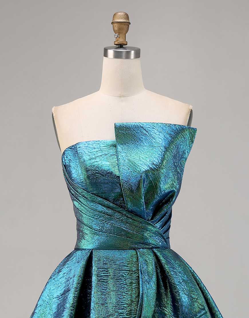 Sparkly Metallic Peacock Green A Line Strapless Short Homecoming Dress