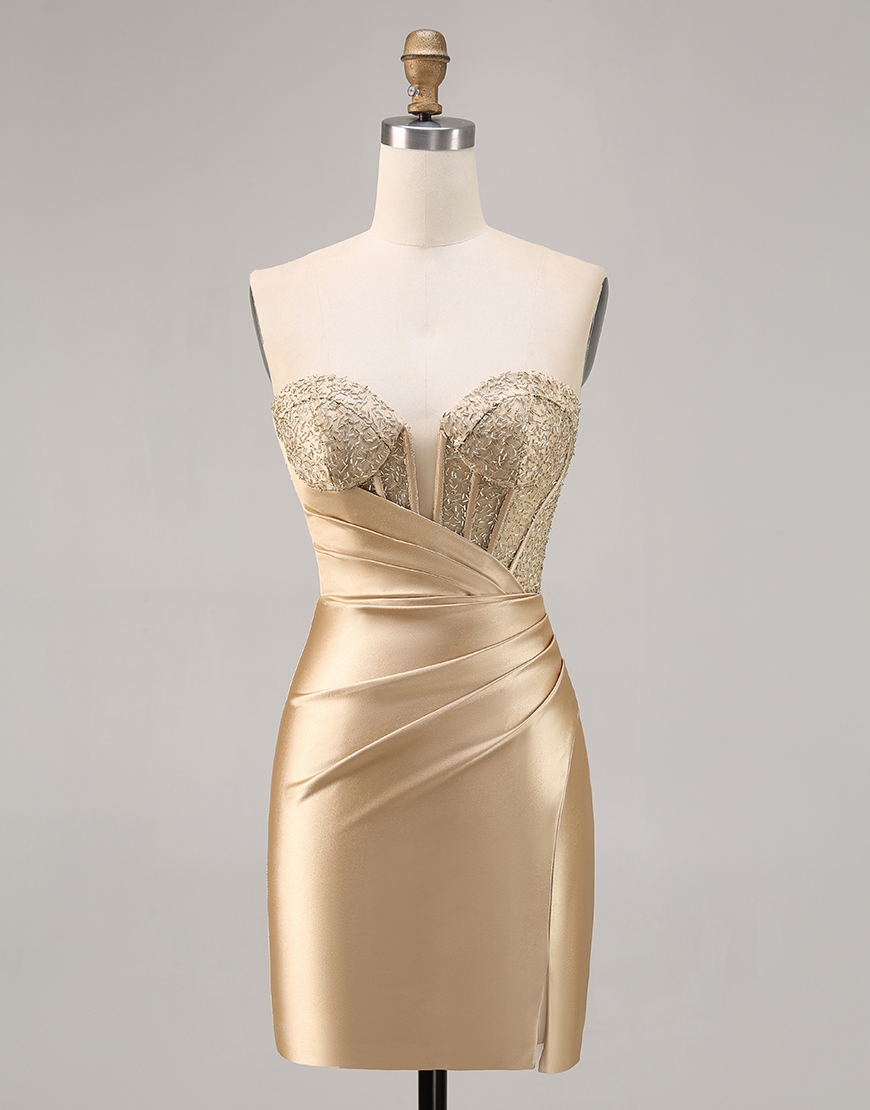 Golden Corset Satin Strapless Tight Short Homecoming Dress