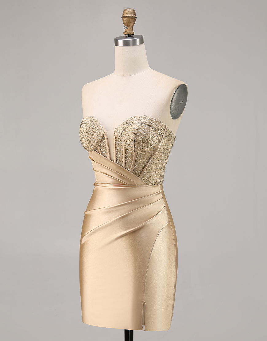 Golden Corset Satin Strapless Tight Short Homecoming Dress