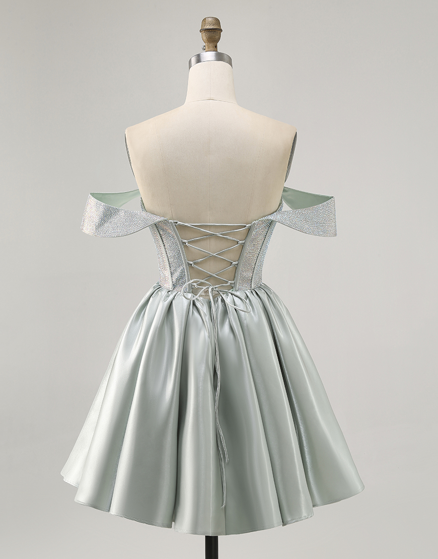 Sparkly Light Green A Line Satin Short Corset Homecoming Dress with Beading