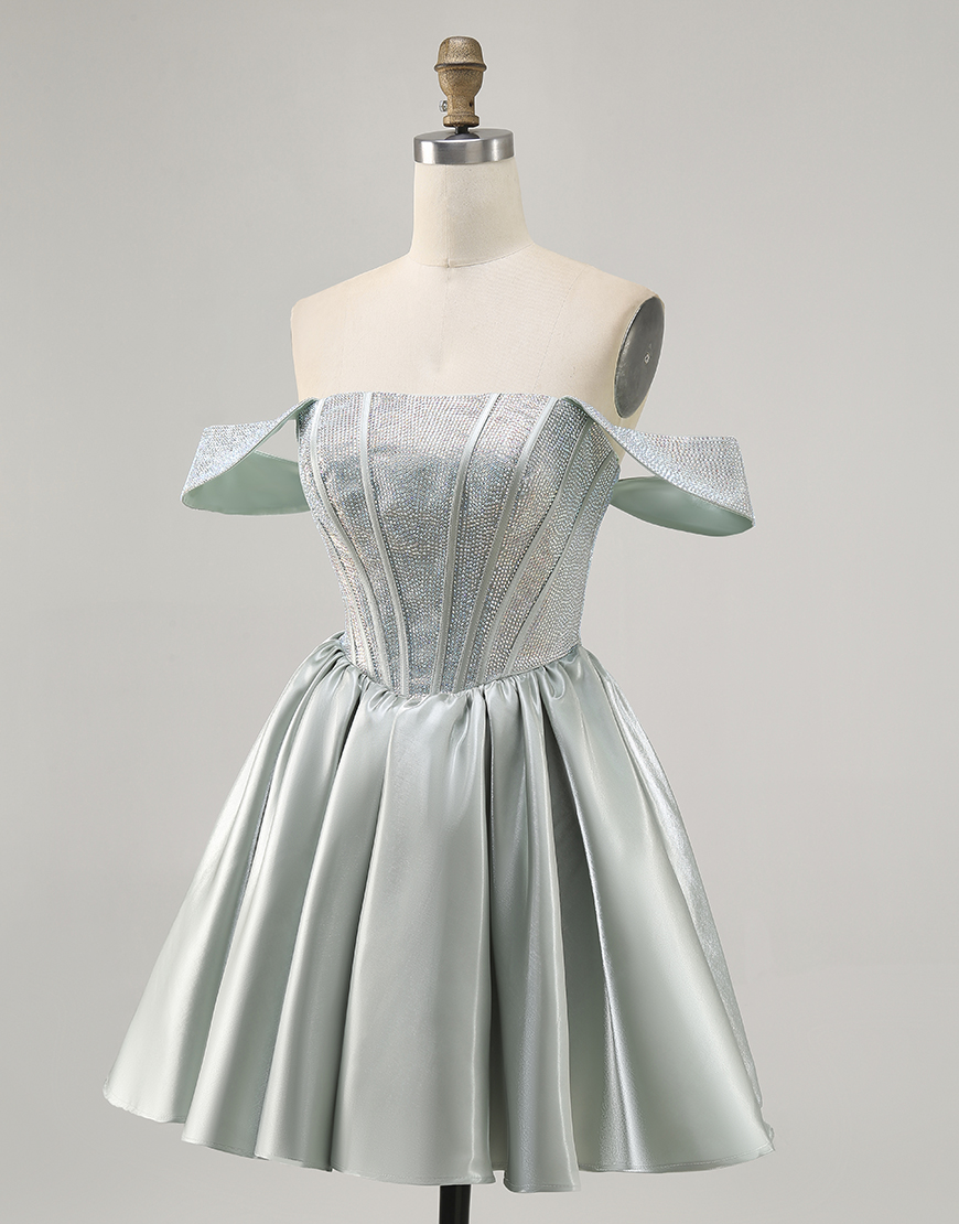 Sparkly Light Green A Line Satin Short Corset Homecoming Dress with Beading