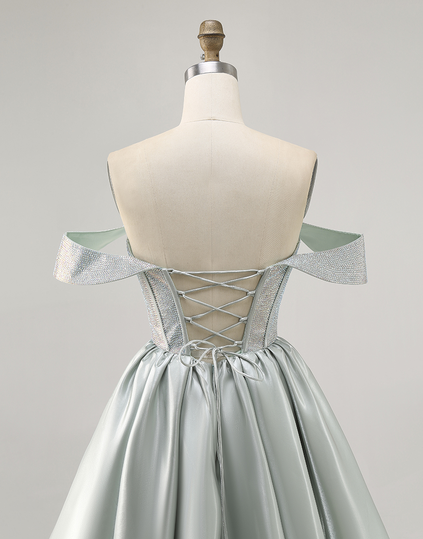 Sparkly Light Green A Line Satin Short Corset Homecoming Dress with Beading