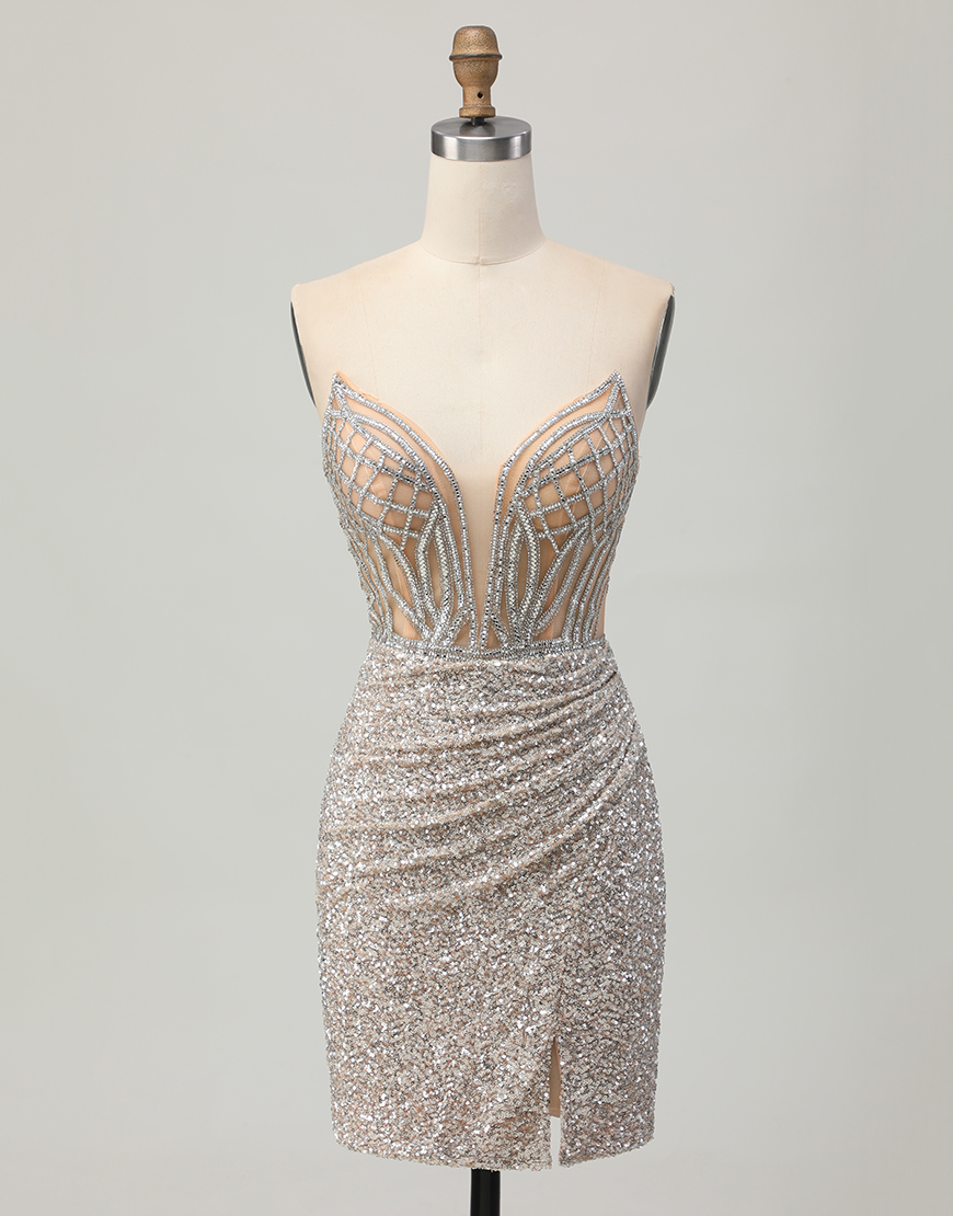 Sparkly Sliver Tight Sequins Strapless Short Corset Homecoming Dress