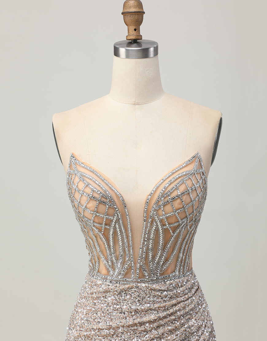 Sparkly Sliver Tight Sequins Strapless Short Corset Homecoming Dress