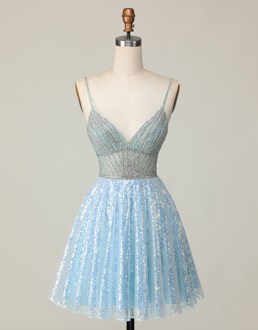 Sparkly Light Blue Spaghetti Straps Sequin Short Homecoming Dress with Beading