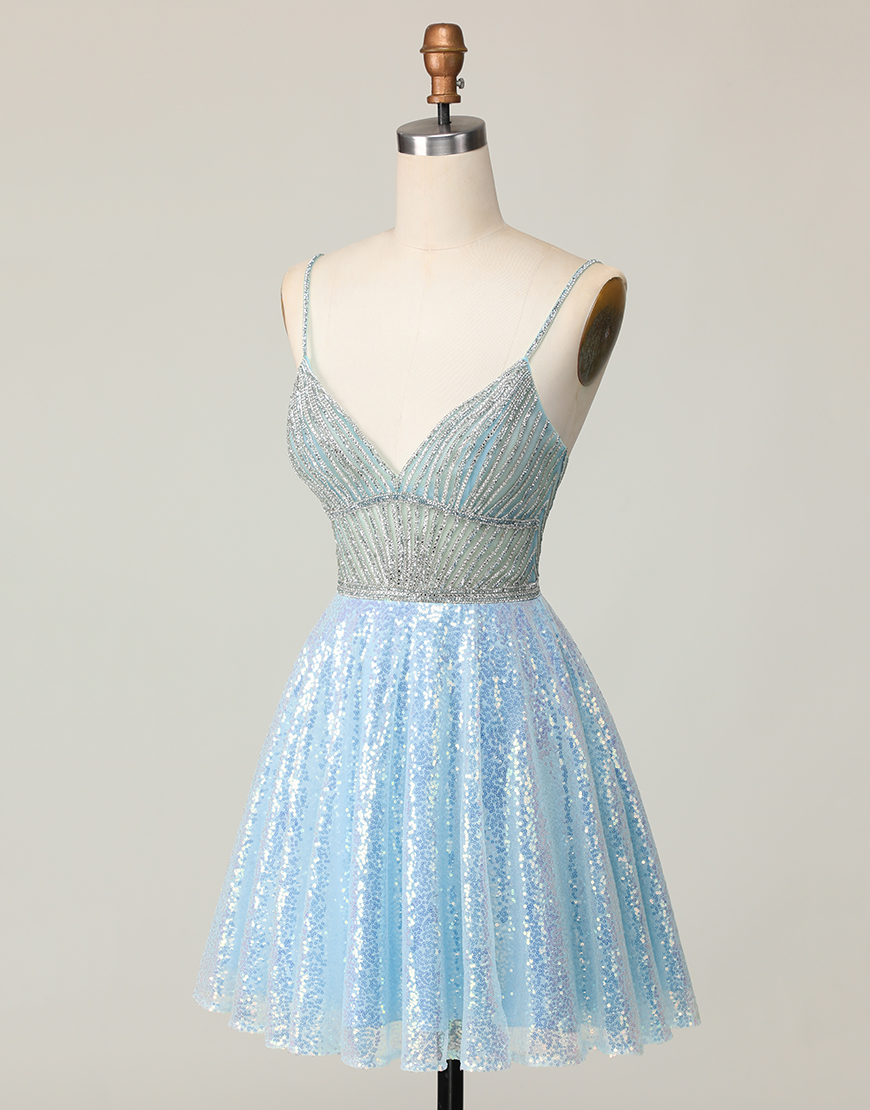 Sparkly Light Blue Spaghetti Straps Sequin Short Homecoming Dress with Beading