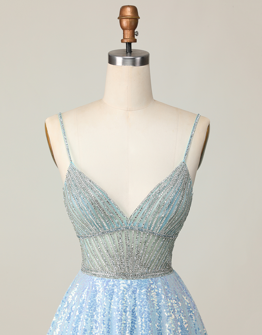 Sparkly Light Blue Spaghetti Straps Sequin Short Homecoming Dress with Beading