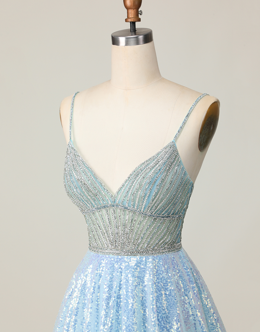 Sparkly Light Blue Spaghetti Straps Sequin Short Homecoming Dress with Beading