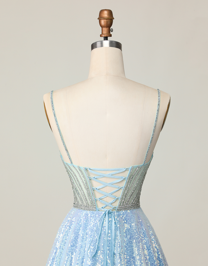 Sparkly Light Blue Spaghetti Straps Sequin Short Homecoming Dress with Beading