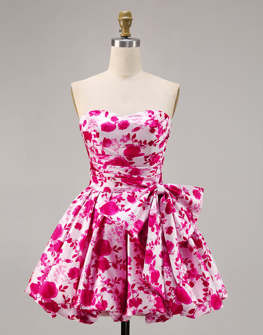 Fuchsia Floral Strapless A Line Short Homecoming Dress with Bow