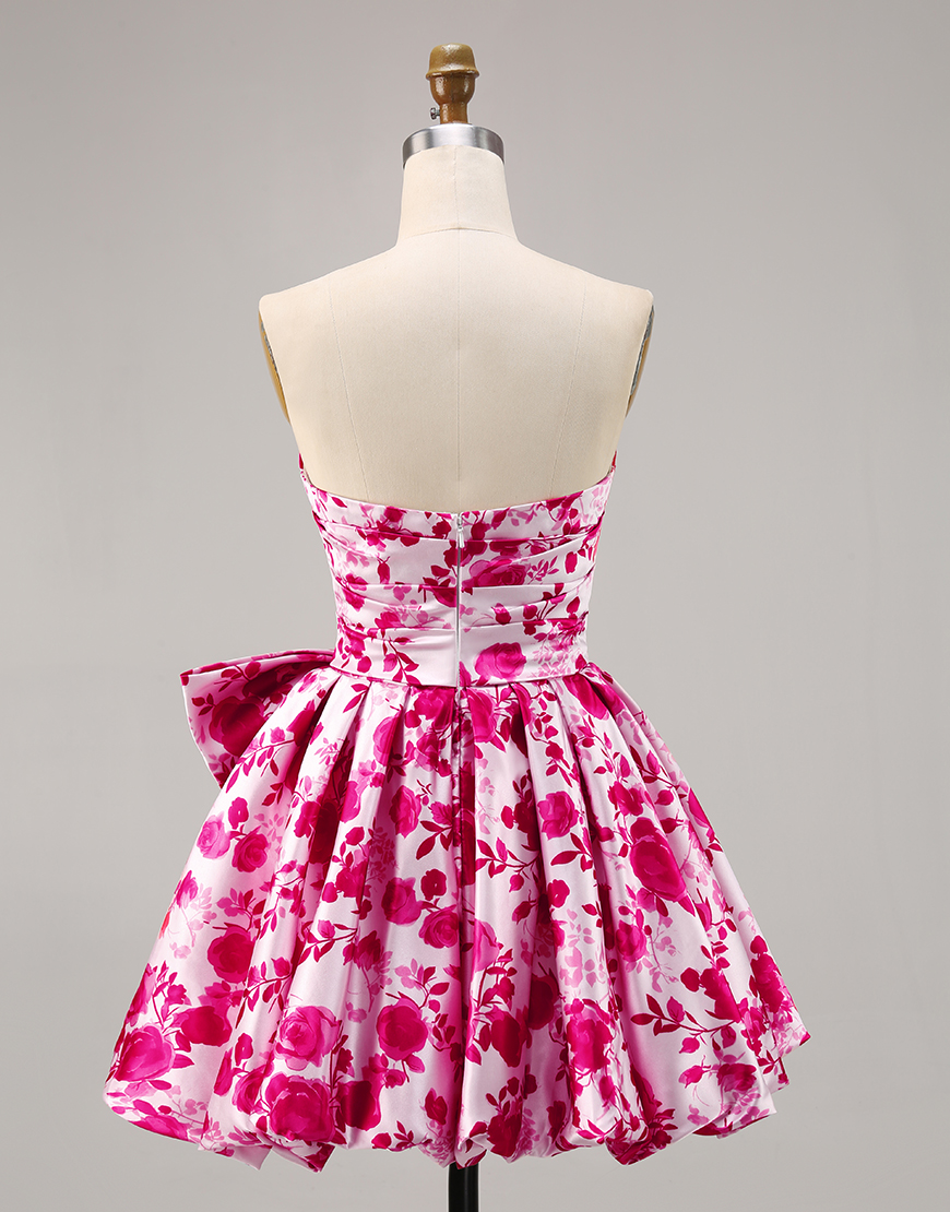 Fuchsia Floral Strapless A Line Short Homecoming Dress with Bow