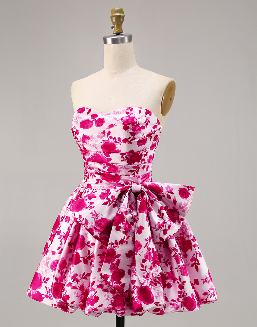 Fuchsia Floral Strapless A Line Short Homecoming Dress with Bow