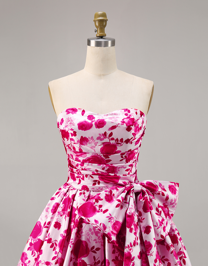 Fuchsia Floral Strapless A Line Short Homecoming Dress with Bow
