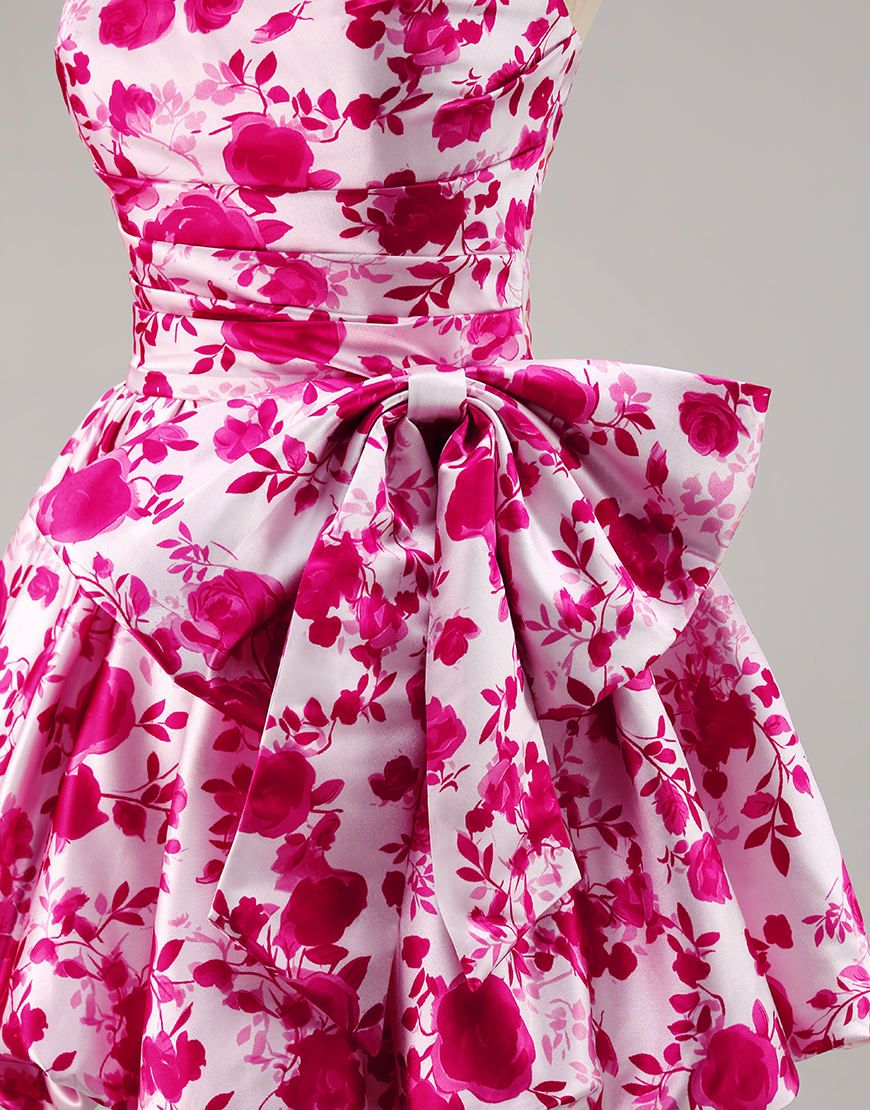 Fuchsia Floral Strapless A Line Short Homecoming Dress with Bow