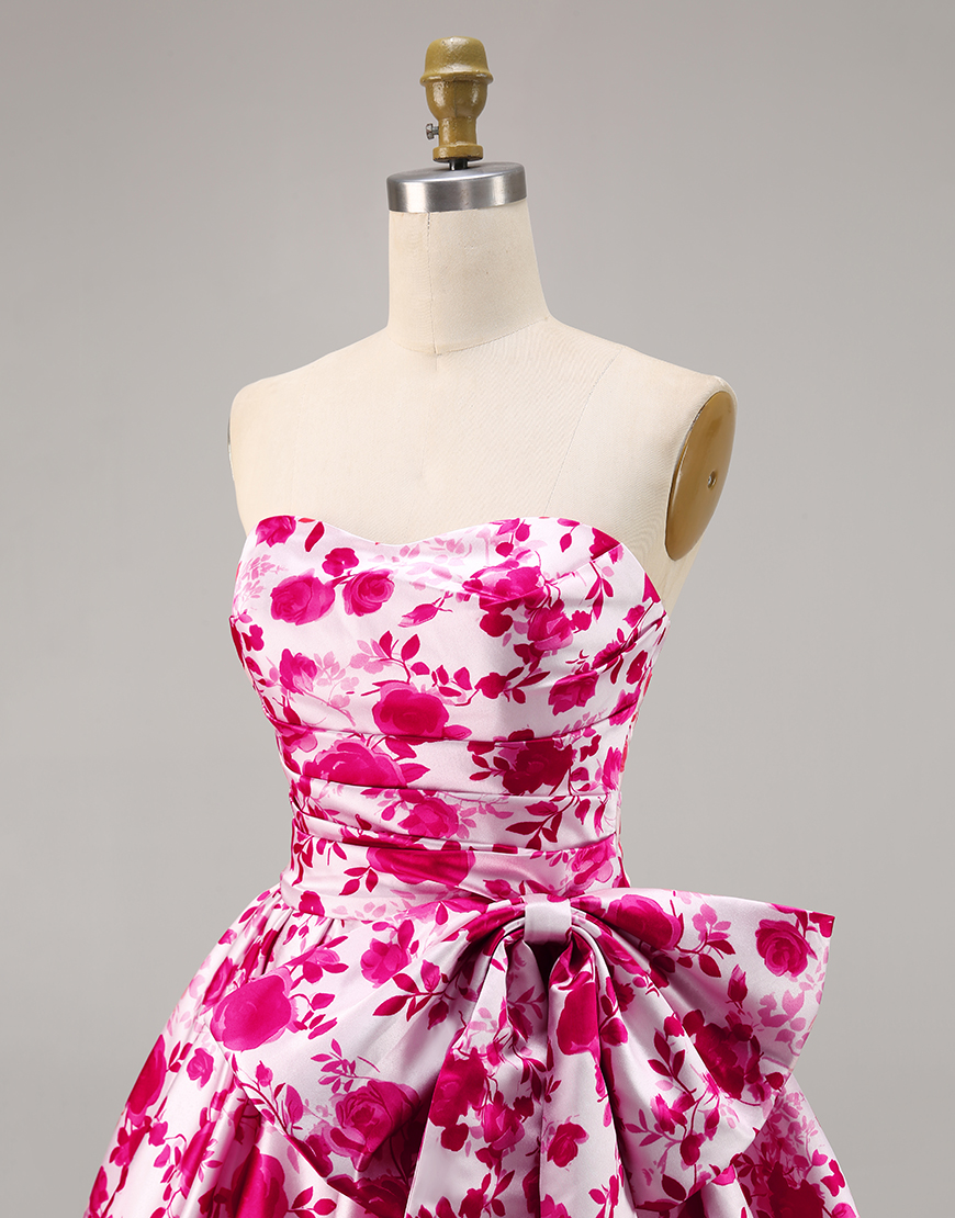 Fuchsia Floral Strapless A Line Short Homecoming Dress with Bow