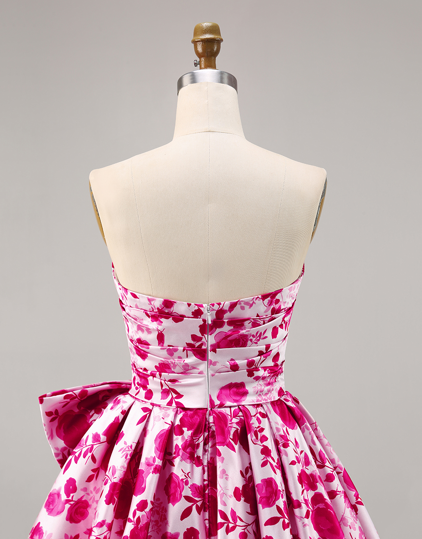 Fuchsia Floral Strapless A Line Short Homecoming Dress with Bow