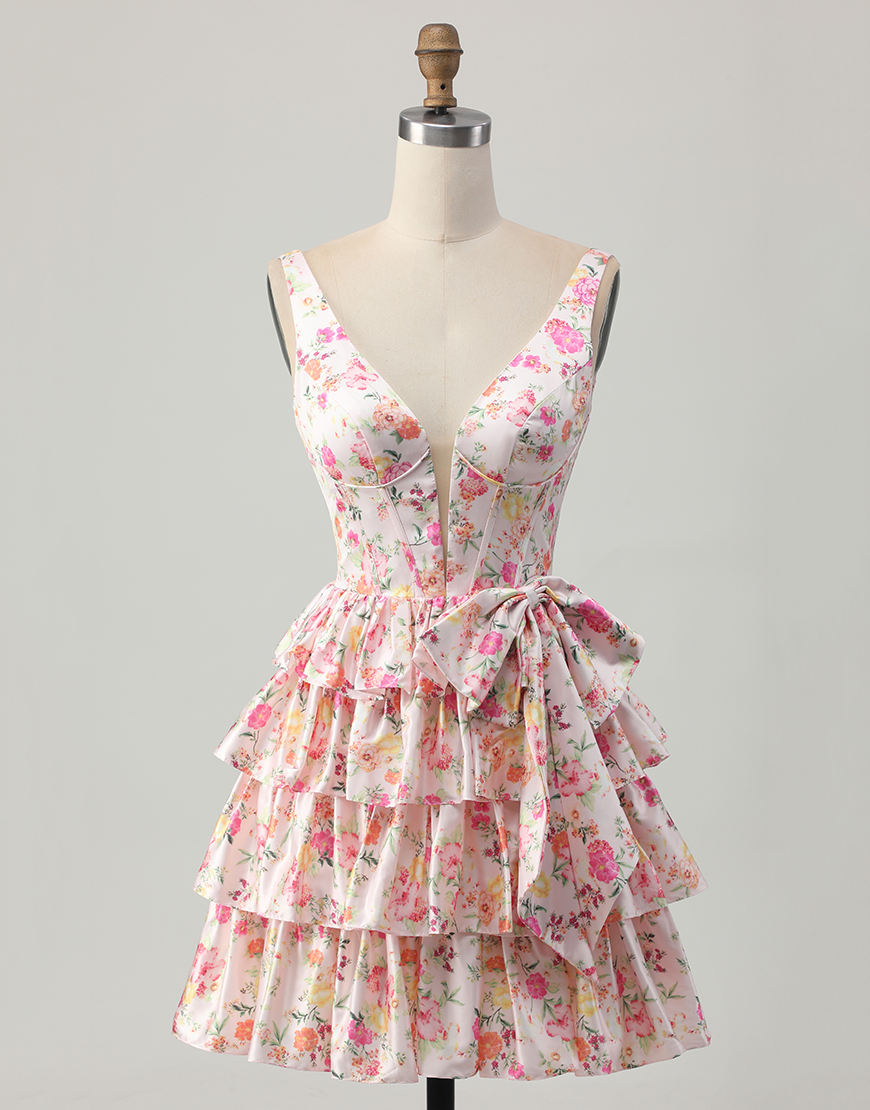 Pink Floral A Line Satin Short Corset Homecoming Dress with Bow