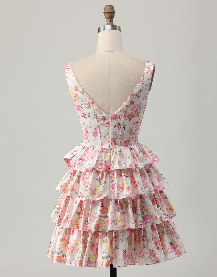 Pink Floral A Line Satin Short Corset Homecoming Dress with Bow