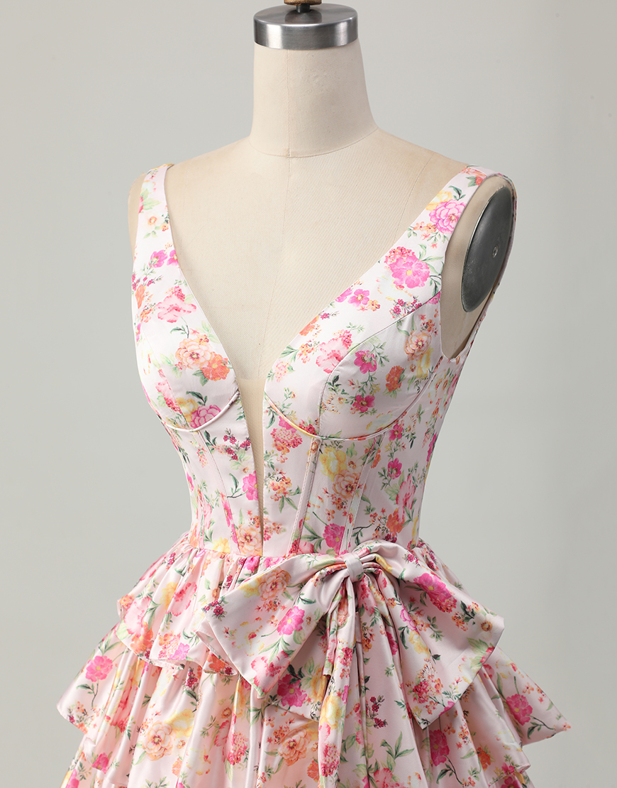 Pink Floral A Line Satin Short Corset Homecoming Dress with Bow
