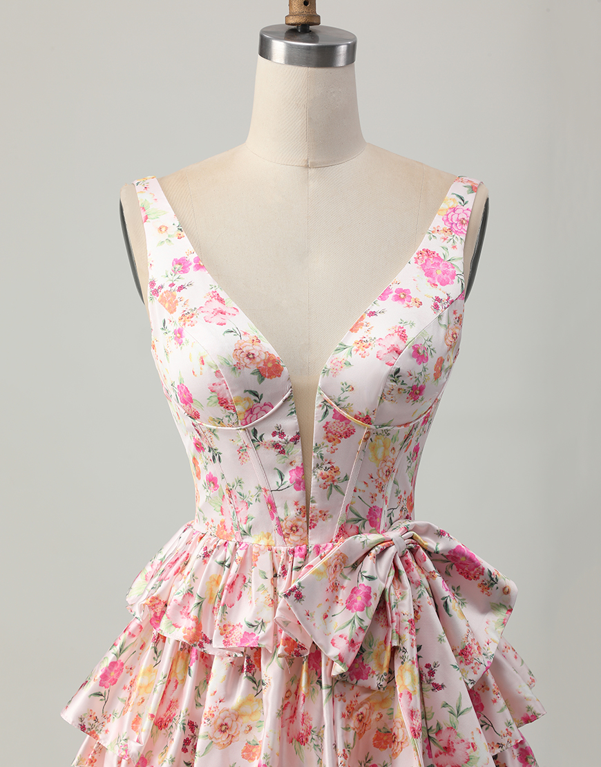Pink Floral A Line Satin Short Corset Homecoming Dress with Bow