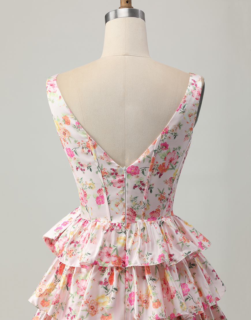 Pink Floral A Line Satin Short Corset Homecoming Dress with Bow